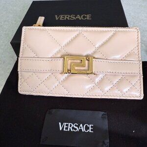 Versace Quilted Pale Pink Leather Card Holder Wallet, Gold-tone logo metal